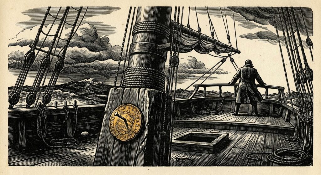 Nineteenth-century wood engraving of a gold doubloon nailed to the mainmast of a whaling ship, storm clouds gathering over the sea
