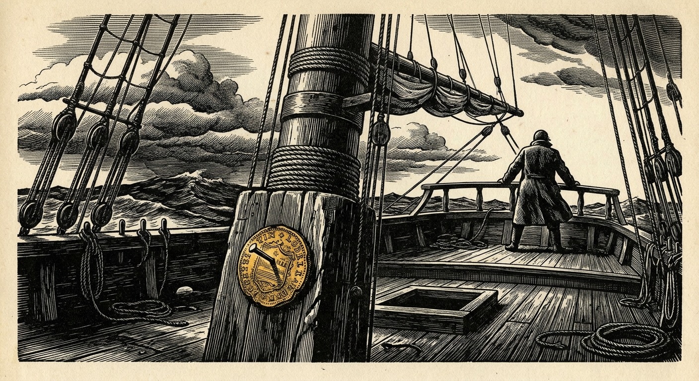 Nineteenth-century wood engraving of a gold doubloon nailed to the mainmast of a whaling ship, storm clouds gathering over the sea