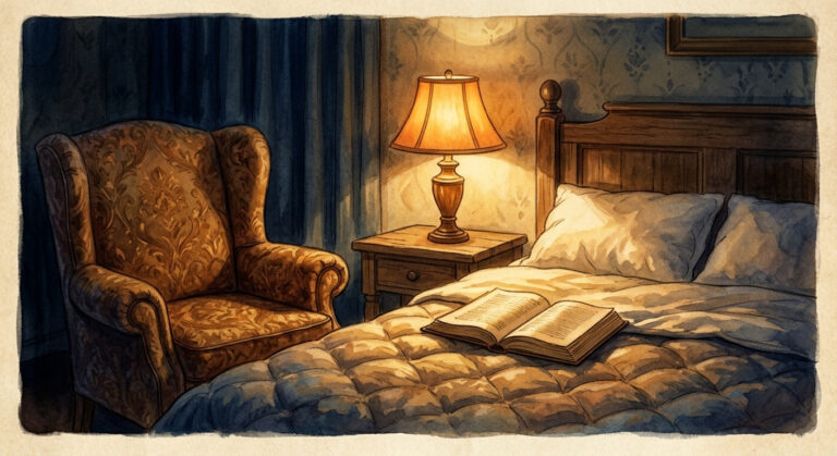 Warm lamplit storybook illustration of an overstuffed armchair beside a bed, an open book resting on the blanket