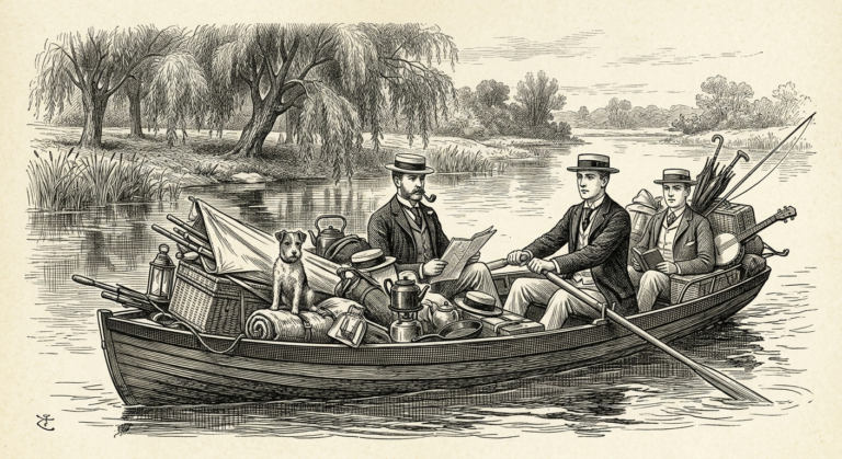 19th-century pen-and-ink engraving of three Victorian gentlemen and a fox terrier in an overloaded rowing boat drifting on a calm river past willows.
