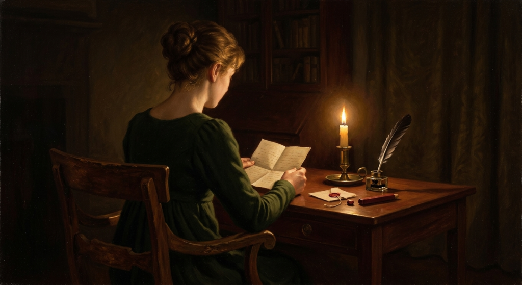 Georgian oil painting in the candlelight tradition of Joseph Wright of Derby: a woman in Regency dress reading a letter at a writing desk late at night, lit by a single candle, quill and inkwell idle beside a broken wax seal