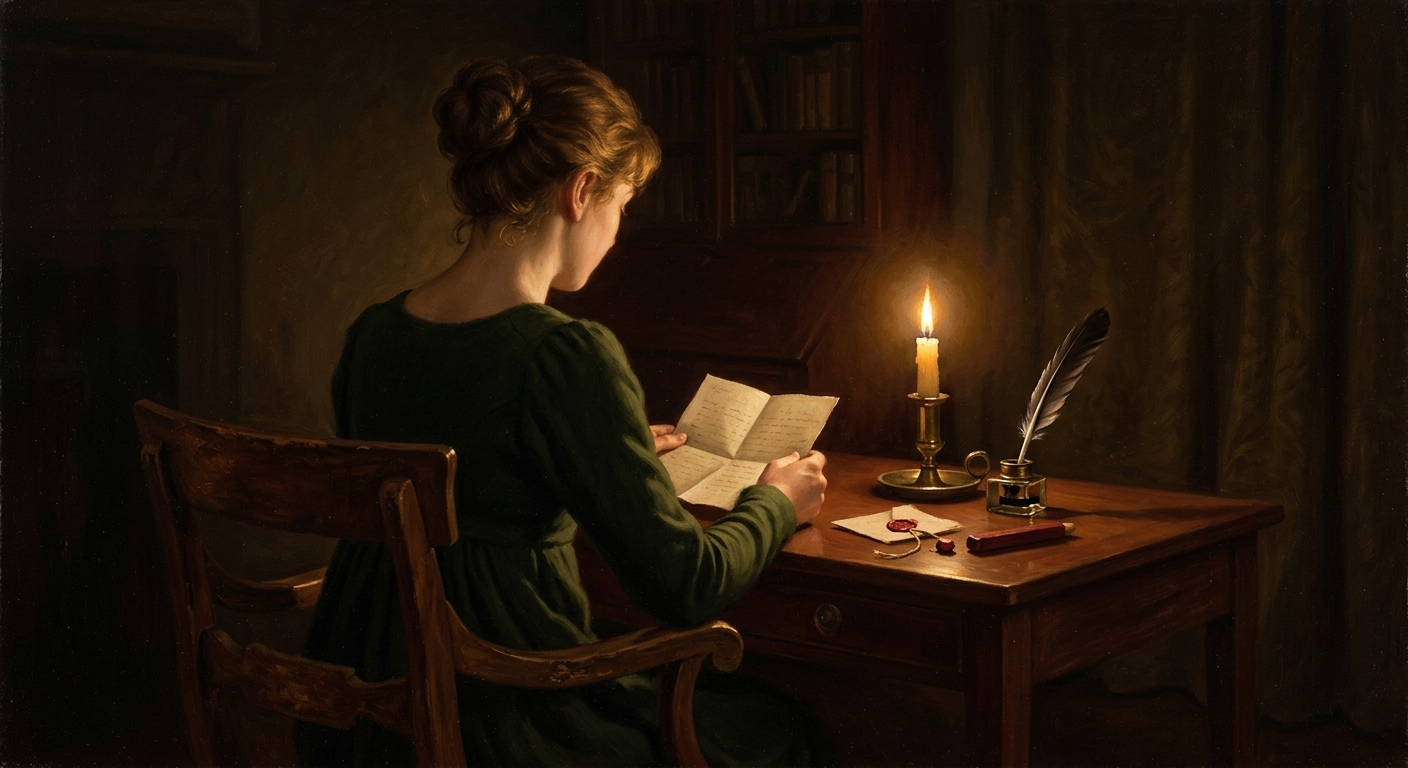Georgian oil painting in the candlelight tradition of Joseph Wright of Derby: a woman in Regency dress reading a letter at a writing desk late at night, lit by a single candle, quill and inkwell idle beside a broken wax seal
