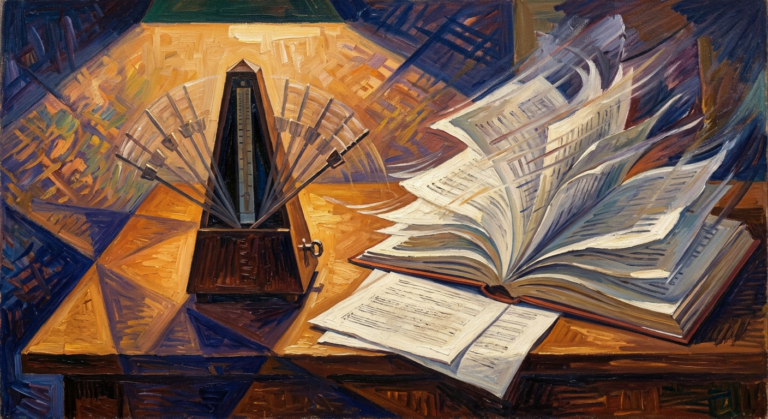 Italian Futurist oil painting of a metronome, its pendulum multiplied into a fan of motion positions, beside a manuscript whose pages ripple with speed lines while others lie flat and still