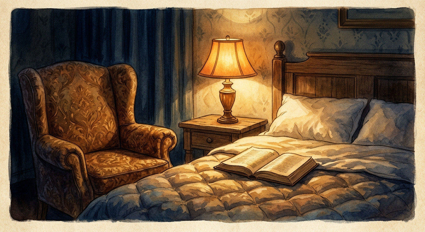 Warm lamplit storybook illustration of an overstuffed armchair beside a bed, an open book resting on the blanket