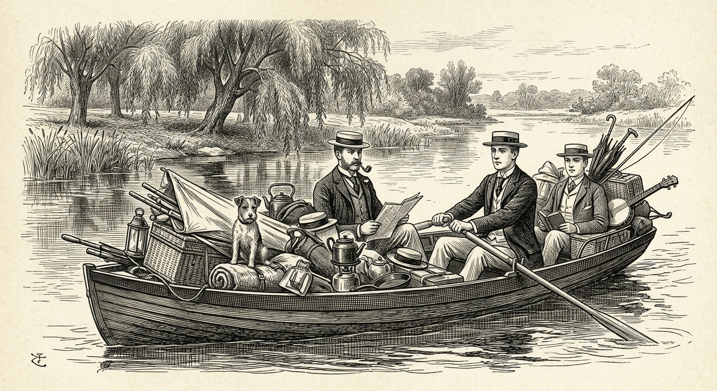 19th-century pen-and-ink engraving of three Victorian gentlemen and a fox terrier in an overloaded rowing boat drifting on a calm river past willows.