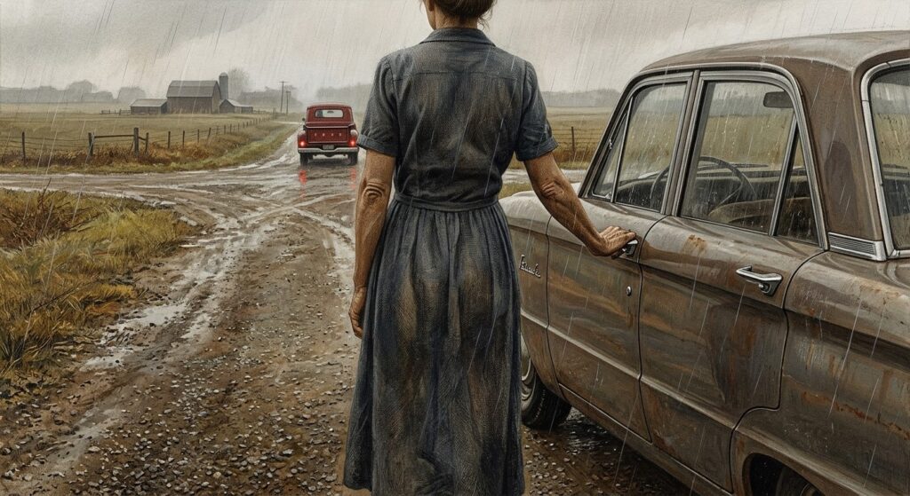 Andrew Wyeth-style drybrush painting: a woman in a cotton dress seen from behind stands in the rain with her hand on a car door handle while a red pickup truck recedes down a wet Iowa crossroads