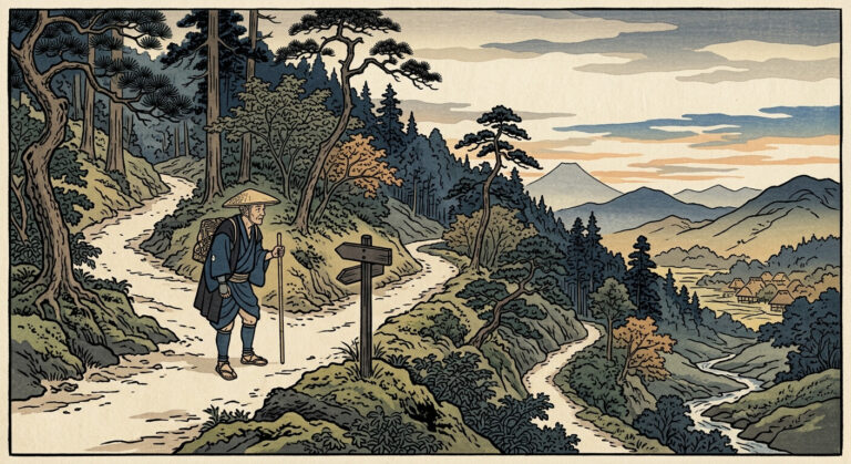 Ukiyo-e woodblock print of a lone traveler with a walking staff pausing at a small wooden signpost where a mountain road forks into two paths