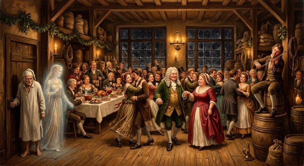Victorian oil painting of a candlelit warehouse Christmas Eve dance from A Christmas Carol: a fiddler on a barrel, couples dancing around a food table, and a miser with a glowing spirit watching from a shadowed corner