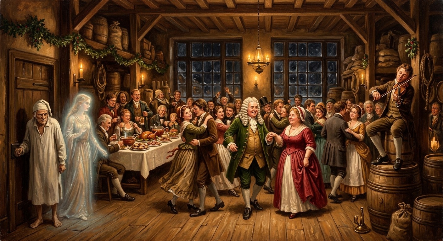 Victorian oil painting of a candlelit warehouse Christmas Eve dance from A Christmas Carol: a fiddler on a barrel, couples dancing around a food table, and a miser with a glowing spirit watching from a shadowed corner
