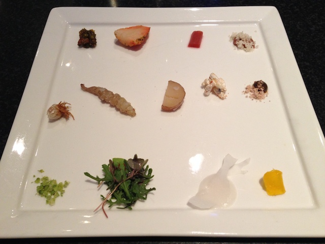 This was the "menu." A tiny sample of an ingredient from each dish to follow