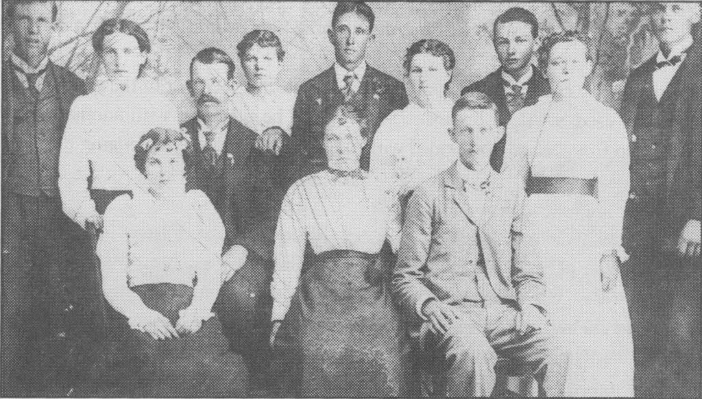 July_4_1899_standing_Tom_Eva_Sam_McBride_Jr_Emma_Richie_unknown_Martha_Richie_Ray_Presler_Josie_Richie_Jay_Witsel_seated_Alice_Witzel_Mary_Richie_Jim_Brooks